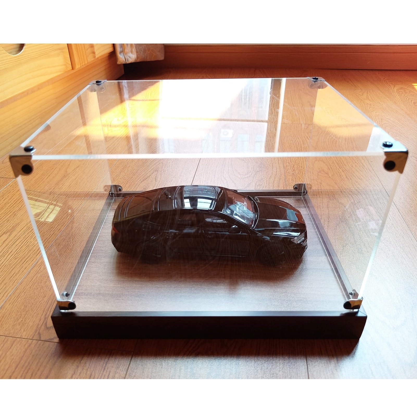 Clear Display Box Cabinet， Acrylic Display Case With Metal Corners Wood Base Fors Multiple Sizes(30x15x15cm/12x6x6in)