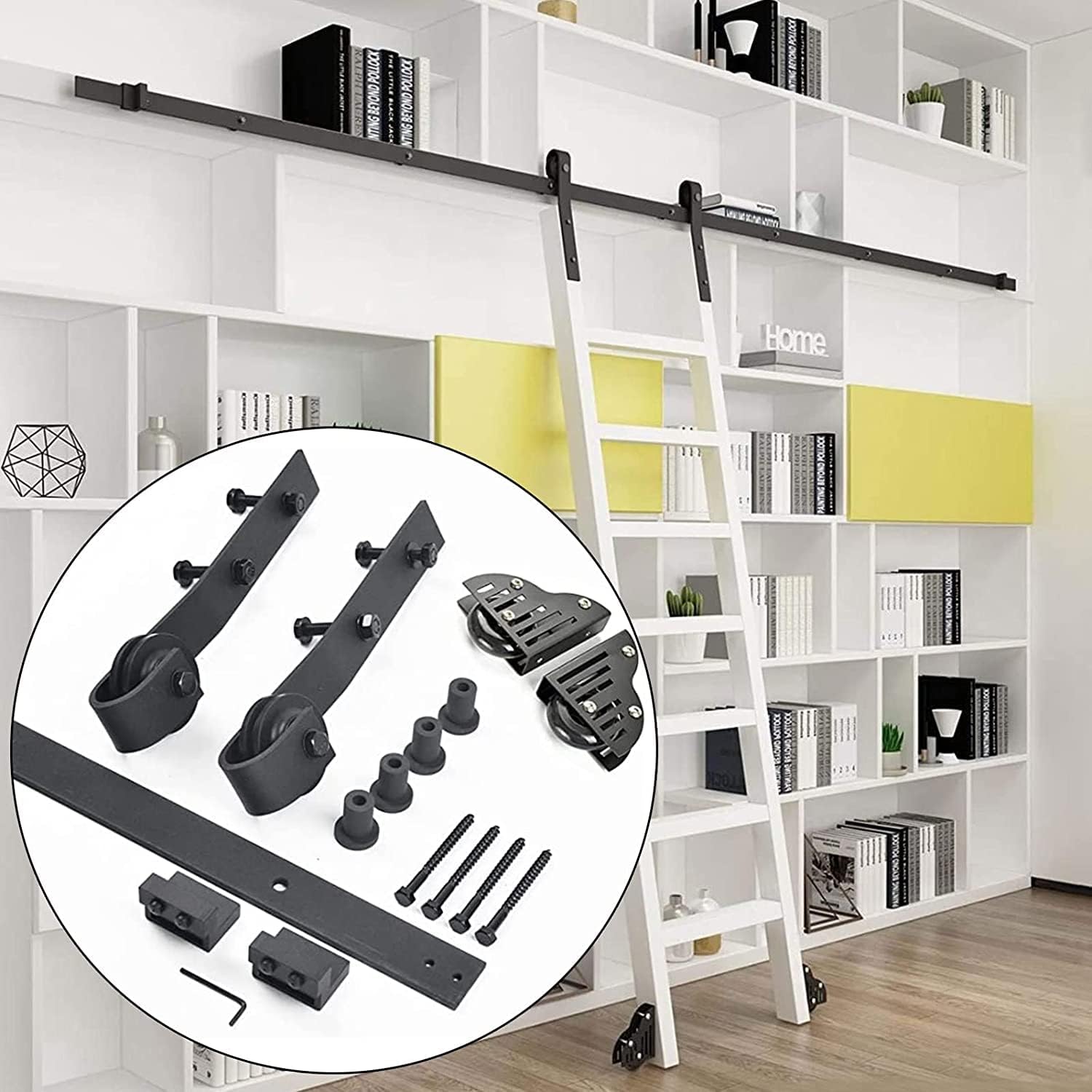 Rolling Library Ladder Hanging Track 5ft-13ft (No Ladder) Rolling Ladder Sliding Track Hardware with Floor Roller Wheels (Size : 10ft/300cm Track kit)