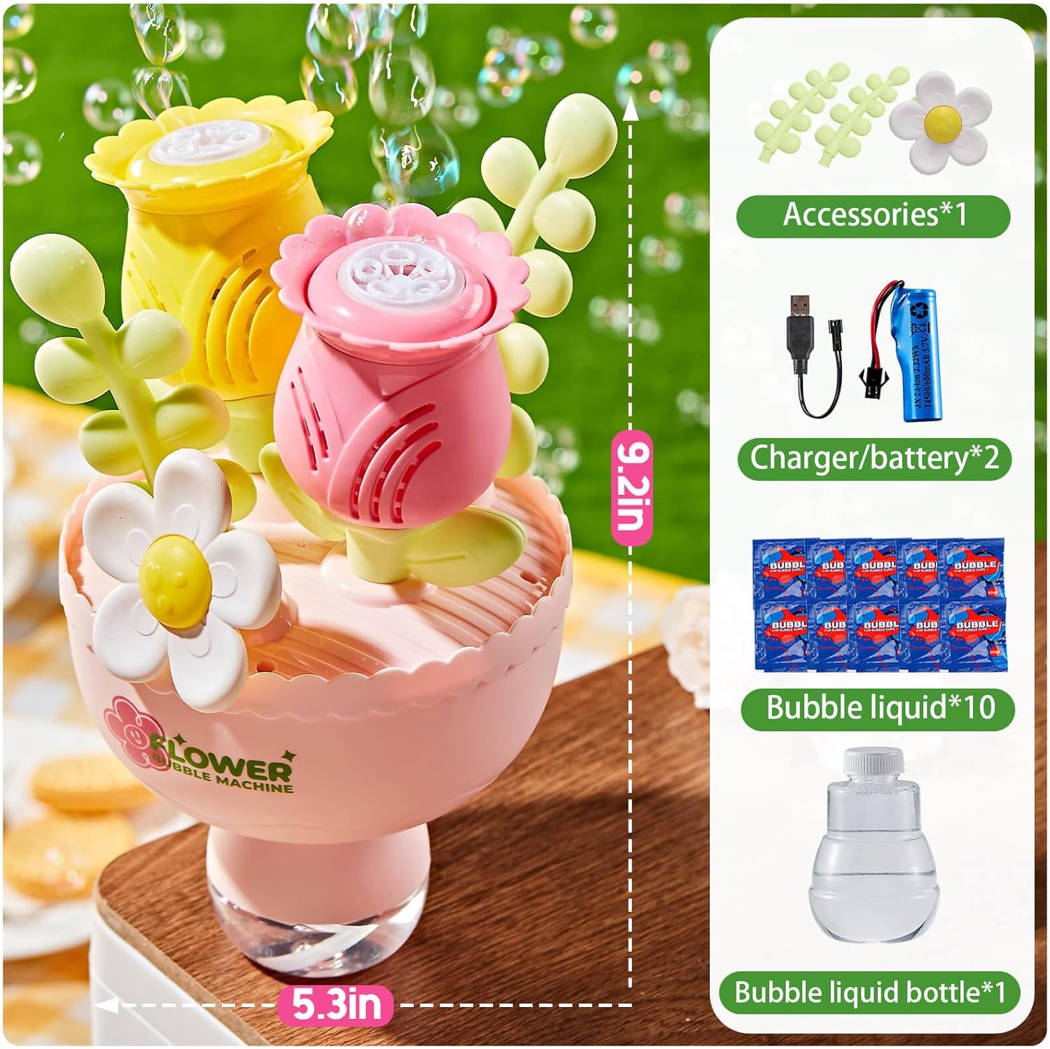 Dolanus Flower Bubble Machine for Kids Toddlers - Automatic Bubbles, RGB Lights, Rechargeable - Outdoor Outside Toys for, Toys for 3 4 5 6 7 8 Years Old Boys Girls, Gift for Party Wedding Birthday