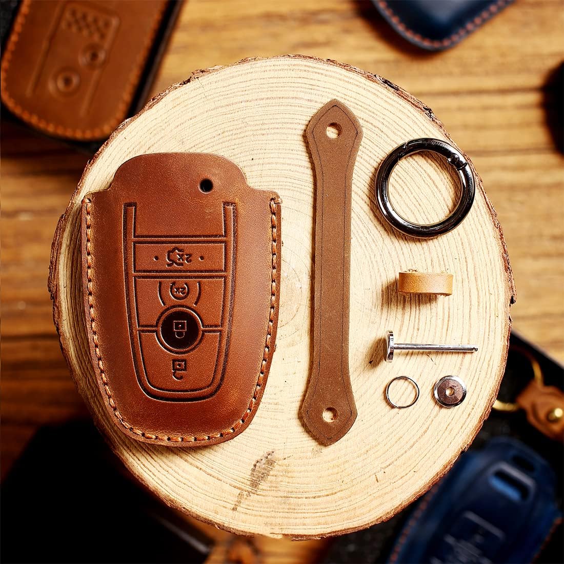 Handmade Leather Key Fob Cover Fit for Ford Fusion F150 F250 F350 F450 F550 Edge Explorer Escape Mustang 2017-2019
