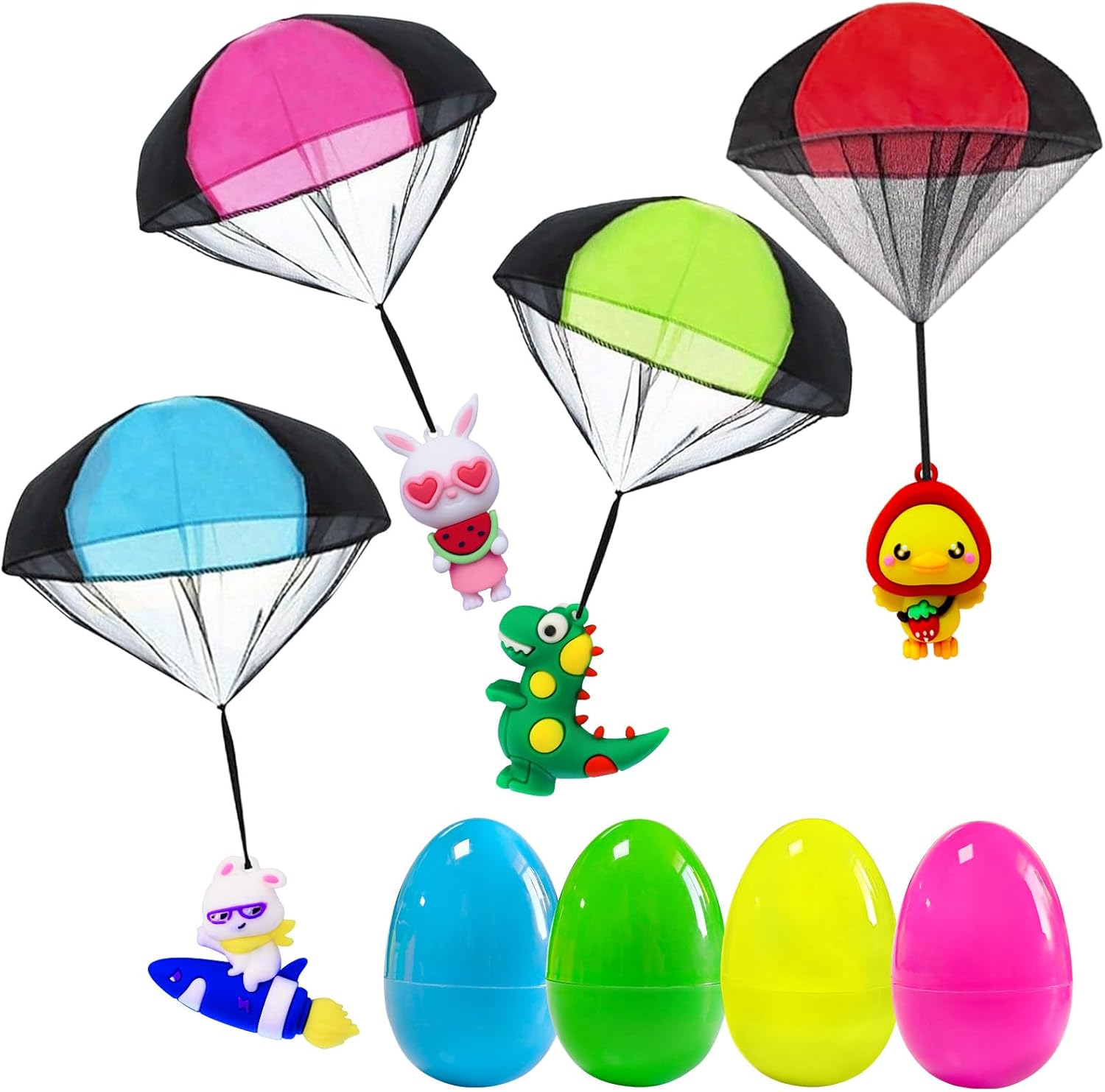Easter Basket Stuffers Essentials for Teens Kids, Easter Egg Fillers - 4Pcs Prefilled Easter Eggs with Parachute Toys for Girls Boys Egg Hunt Prizes, Party Favors, Classroom Treasure Box Prizes Gifts