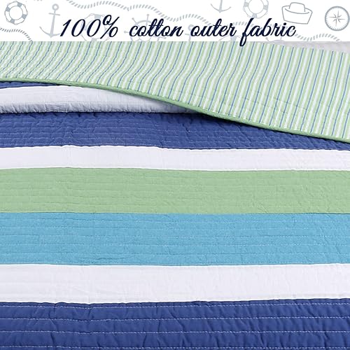 Miniatura 4 de Cozy Line Home Fashions Waylon - Juego de edredón reversible a rayas 100% algodón, color azul marino, verde y blanco, colcha (azulverde, individual,