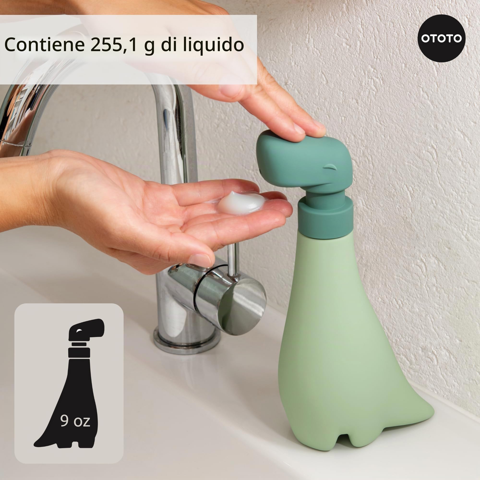 OTOTO Soapasaurous Dino - Dispenser di sapone per le mani, grazioso accessorio da bagno, dispenser di sapone liquido, dinosauro, accessori da cucina carini, regali per bambini