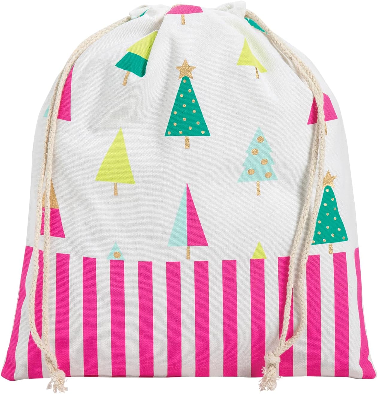 Fun Express Fa La La Holiday Canvas Drawstring Gift Bag, White with Pink Stripes and Colorful Christmas Trees Pattern, 11.5 x 14 inches, Small Storage Pouch for Presents and Stocking Stuffers