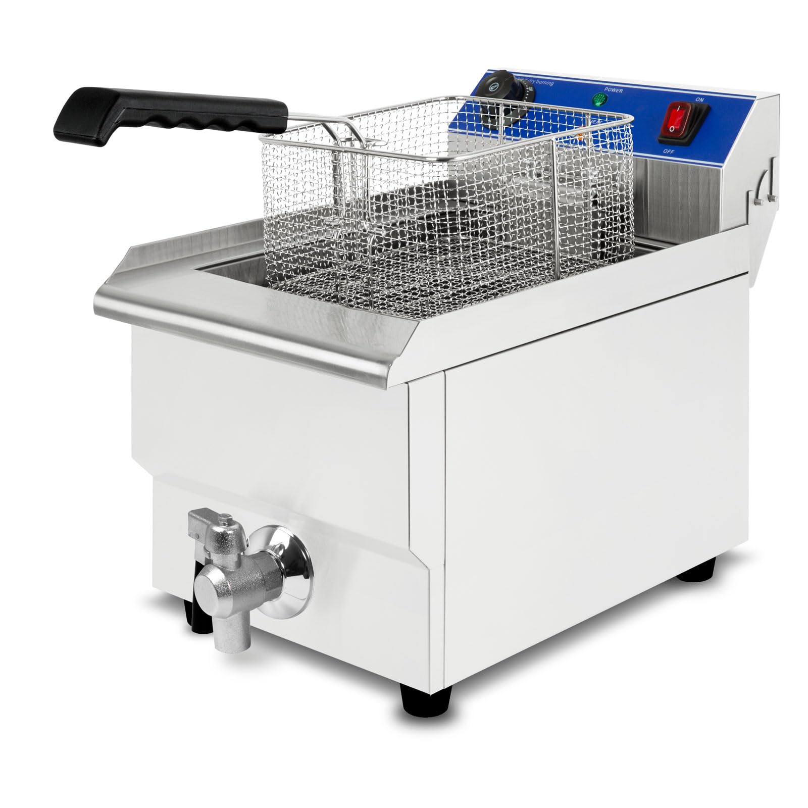VERTES Friggitrice in acciaio inox 10L, 3000W, 230V, principio della zona fredda, temperatura regolabile in continuo 50-250°C, rubinetto di scarico, cestello per frittura, pulsante di reset, a olio