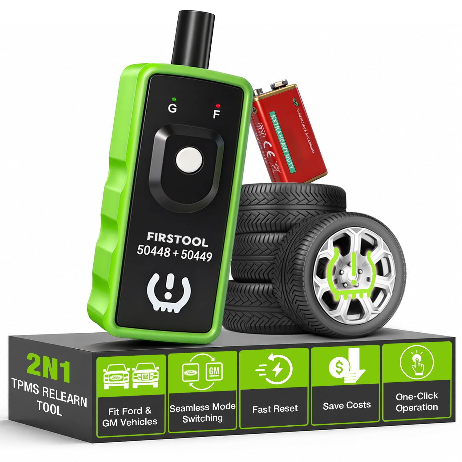 TPMS Relearn Tool for GM and Ford (with Battery), FIRSTOOL 2IN1 TPMS Reset Tool Tire Pressure Monitor Sensor Activation Reset Tool, TPMS Sensor Tool for Cadillac, Buick, Lincoln, Mazda etc