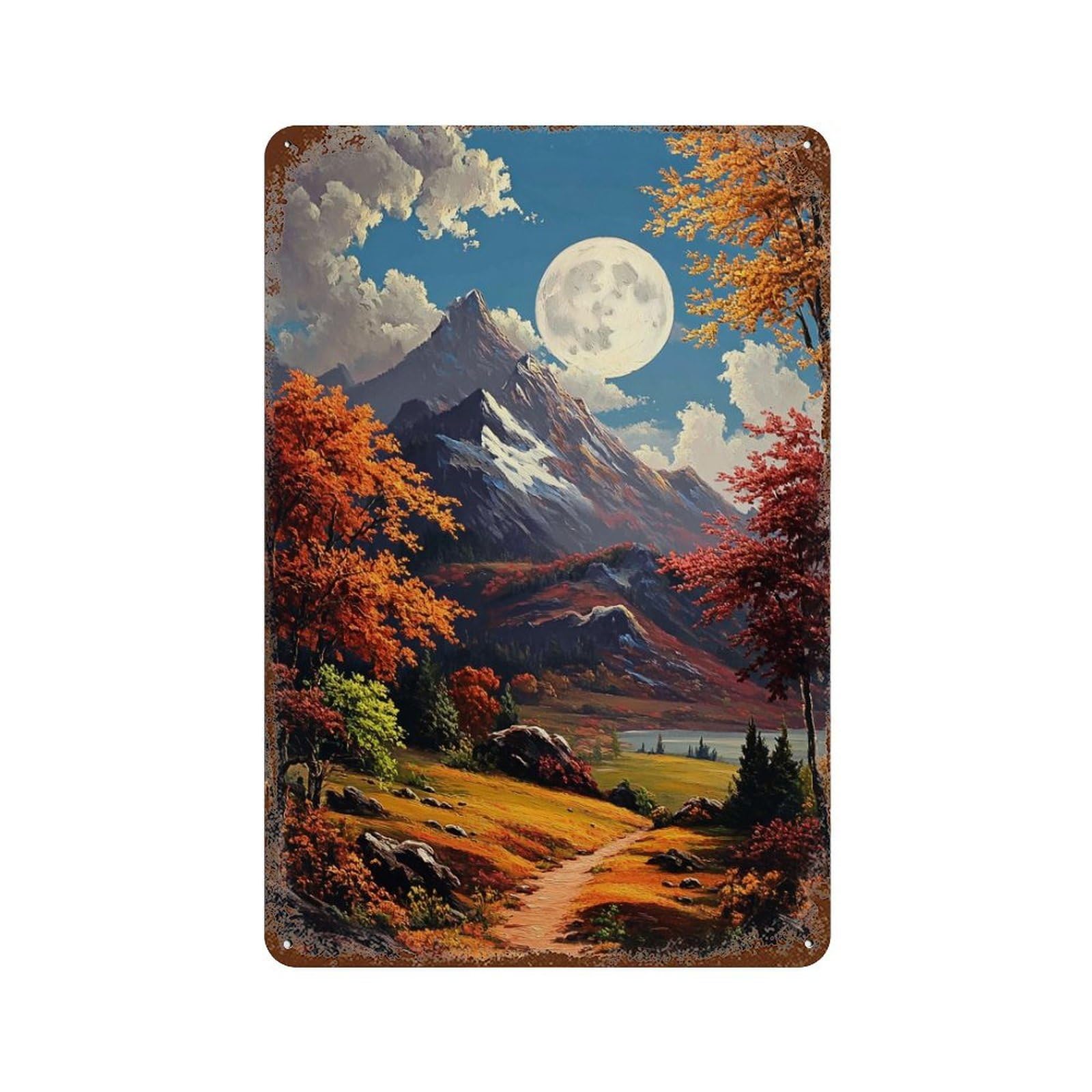 Rust Effect Tin Sign Autumn Moonlit Mountain Landscape 11.8"x7.9", Vintage Wall Decor for Living Room, Hallway And Home Decor