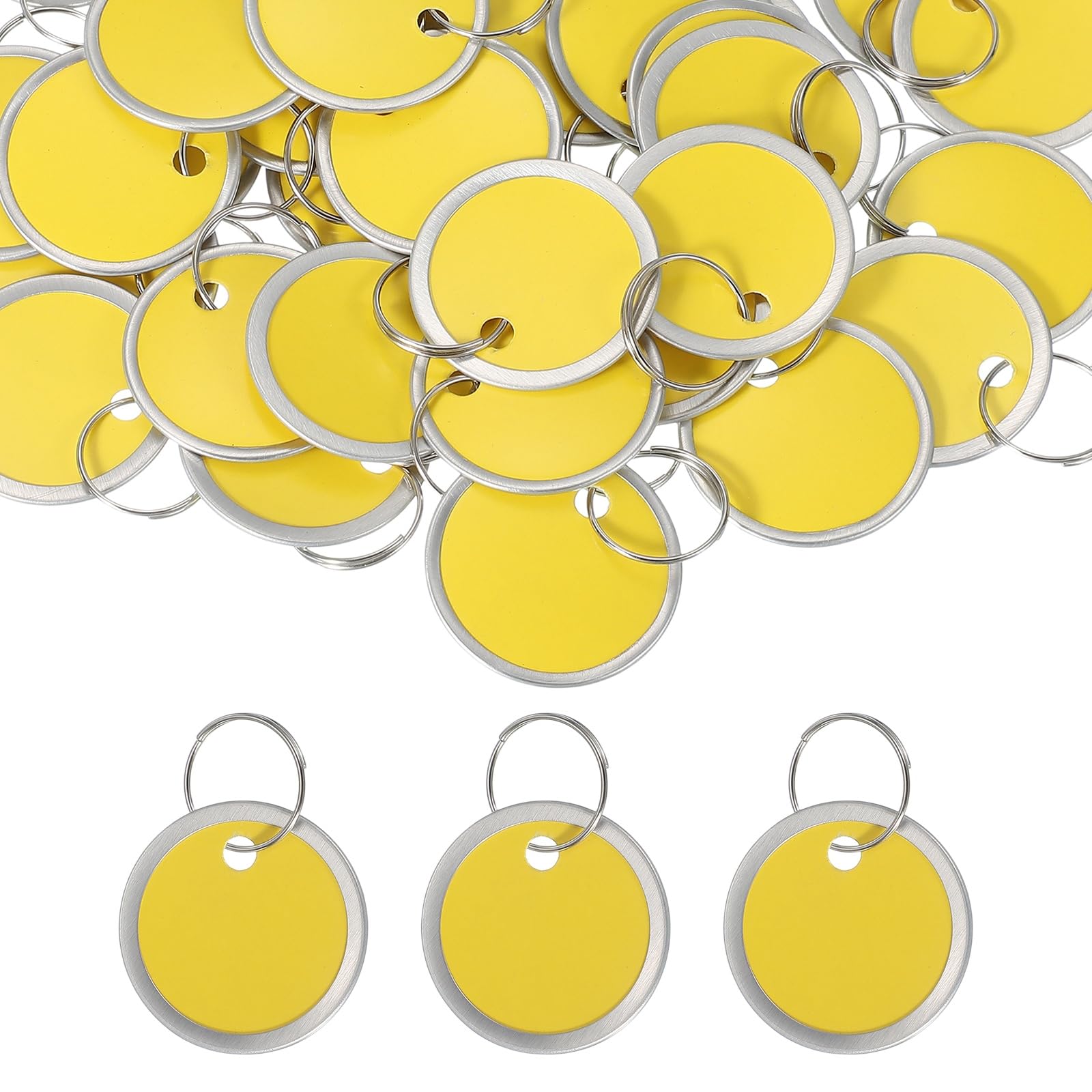 PATIKIL 3cm Metal Rim Key Tags 50 Pack Blank Round Paper Tags Bulk Writable Keychain Identifiers with Split Rings for Car Door Drawer Key Luggage Pet, Yellow
