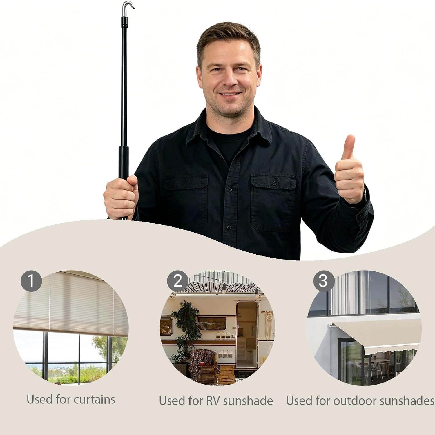 Awning Crank Handle & Crank Wand, Hand Crank Metal Crank Shade Wand Replacement for Patio Window Shades（Black）
