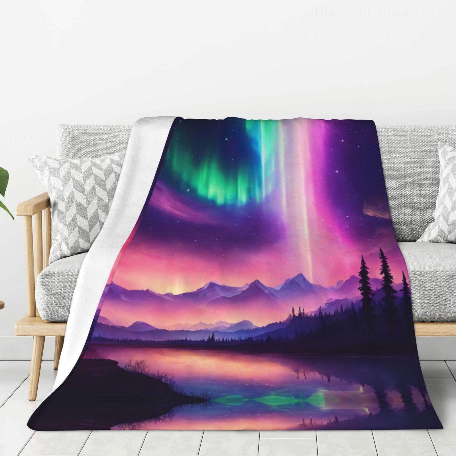 Couverture chaude en flanelle anti-froid pour canapé et lit au design aurores boréales