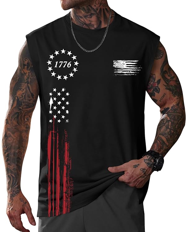 VOGSTART Mens 4th of July Tank Top Stars and Stripes Patriotic American Freedom Pride Tactical Parades Outdoor Workout Casual Graphic Soft Classic Muscle Tee Tops Black 1776 USA Flag M by VOGSTART - Used condition - US$18.43