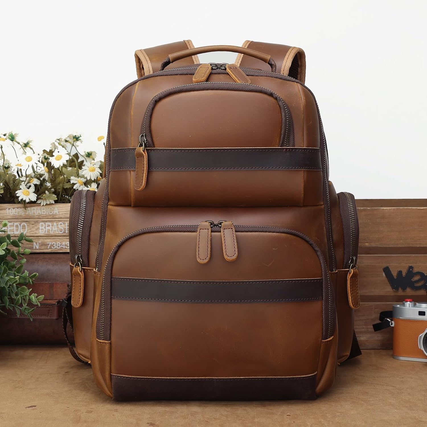 TIDING Men's Vintage Leather Backpack 15.6" Laptop Bag Large Capacity Business Travel Hiking Shoulder Daypacks - Image 6