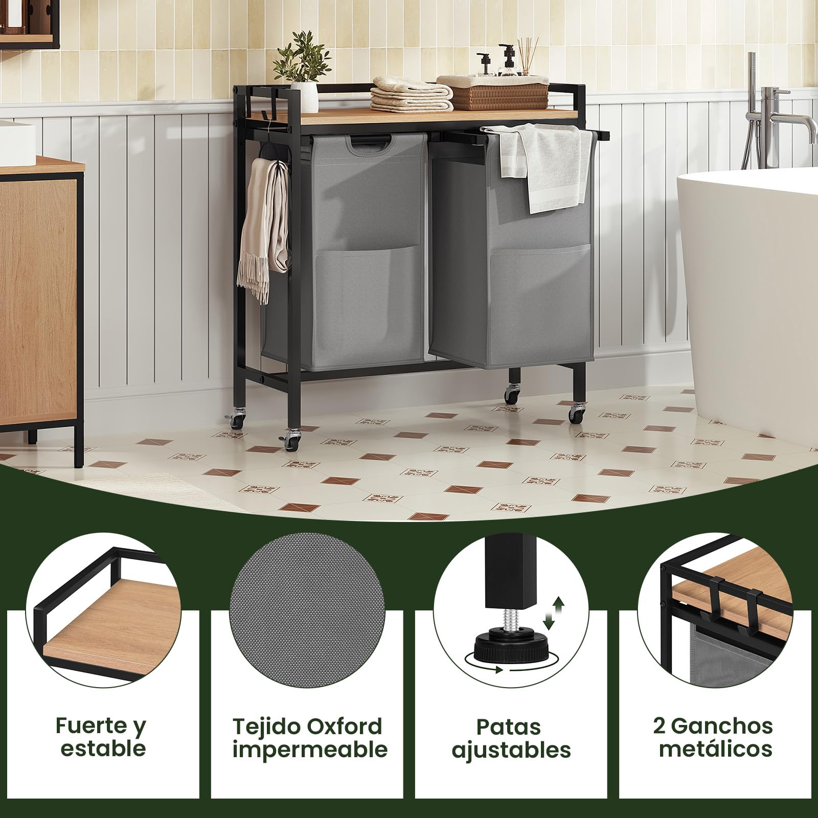 EUGAD Cesto Ropa Sucia, 2 Bolsas Colada de 40 L, Cesta Ropa Extraíble, Mueble Ropa Sucia para Baño y Lavandería, Tela Oxford, Marco Metálico, 70x30x71 cm