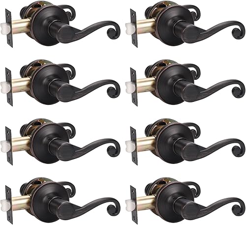 KNOBWELL Paquete de 8 manijas de puerta comerciales de paso, manijas de puerta interior para diestros, manijas de puerta de bronce aceitado en forma