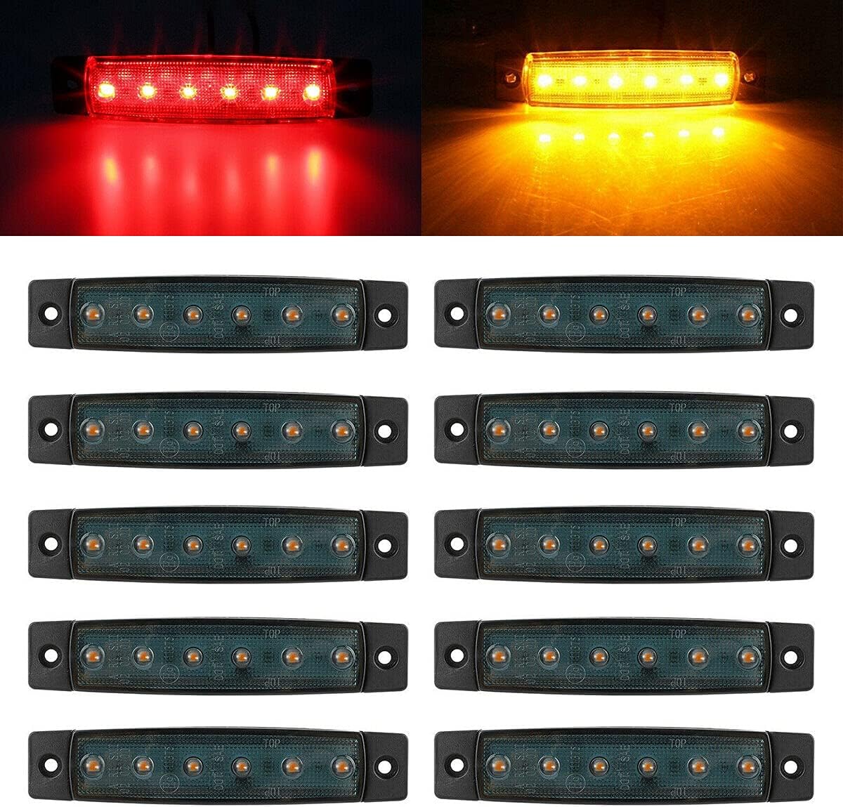 FABOOD F 10Pcs 3.8" Thin Amber Red LED Side Marker Clearance indicator Lights 6LED Smoke Lens Waterproof 12V Trailer Lorry Van marker lights for trucks Sealed, Boat Marine Led Utility Strip Light bar