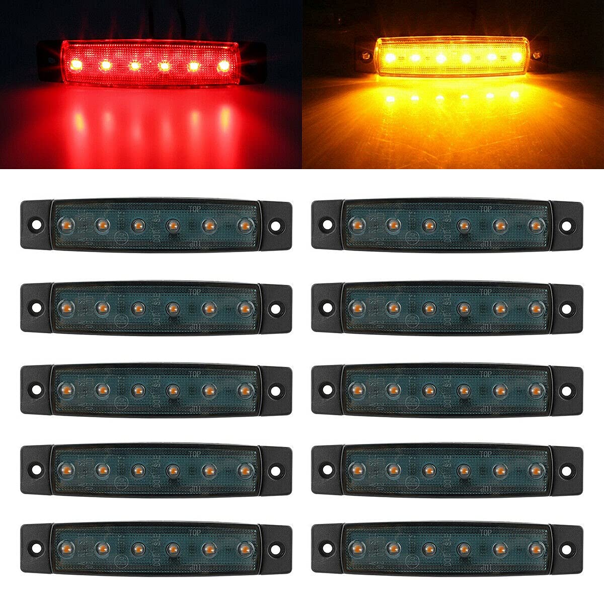 FABOOD F 10Pcs 3.8" Thin Amber Red LED Side Marker Clearance indicator Lights 6LED Smoke Lens Waterproof 12V Trailer Lorry Van marker lights for trucks Sealed, Boat Marine Led Utility Strip Light bar