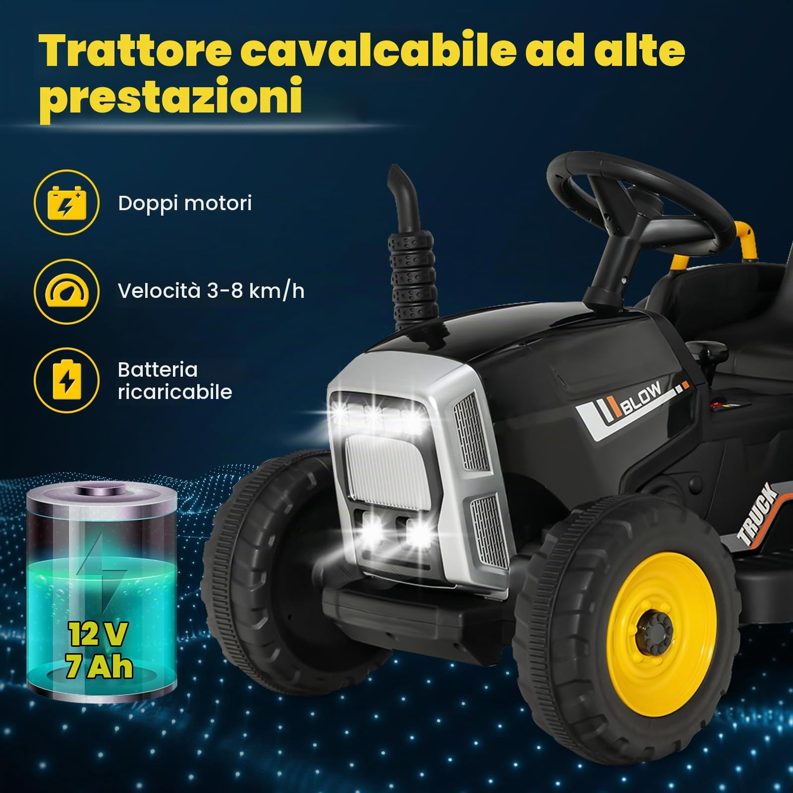 RELAX4LIFE Trattore Macchina Elettrica per Bambini 12V a 3 Marce con Rimorchio Staccabile e Telecomando 2,4G, Luci LED, Musica, Clacson e Funzione USB, per Bambini 3-8 Anni