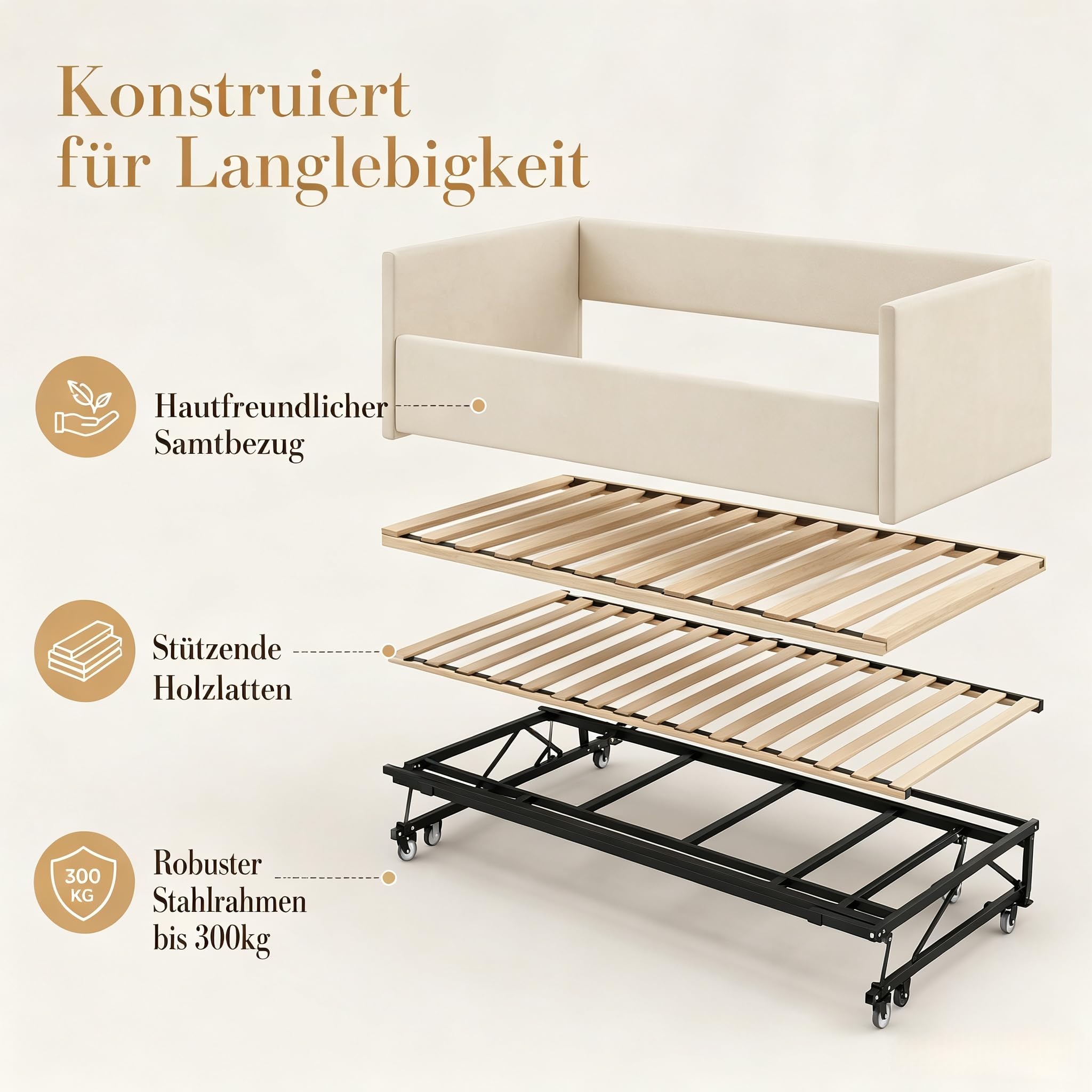schlafcouch 90/180x200cm,tagesbett ausziehbar,sofa,Einzelbett/Doppelbett | letto singolo con letto estraibile,Samt Polsterbett Tagesbett,Ideal für kleine Räume, Gästebett,ohne Matratze,Beige