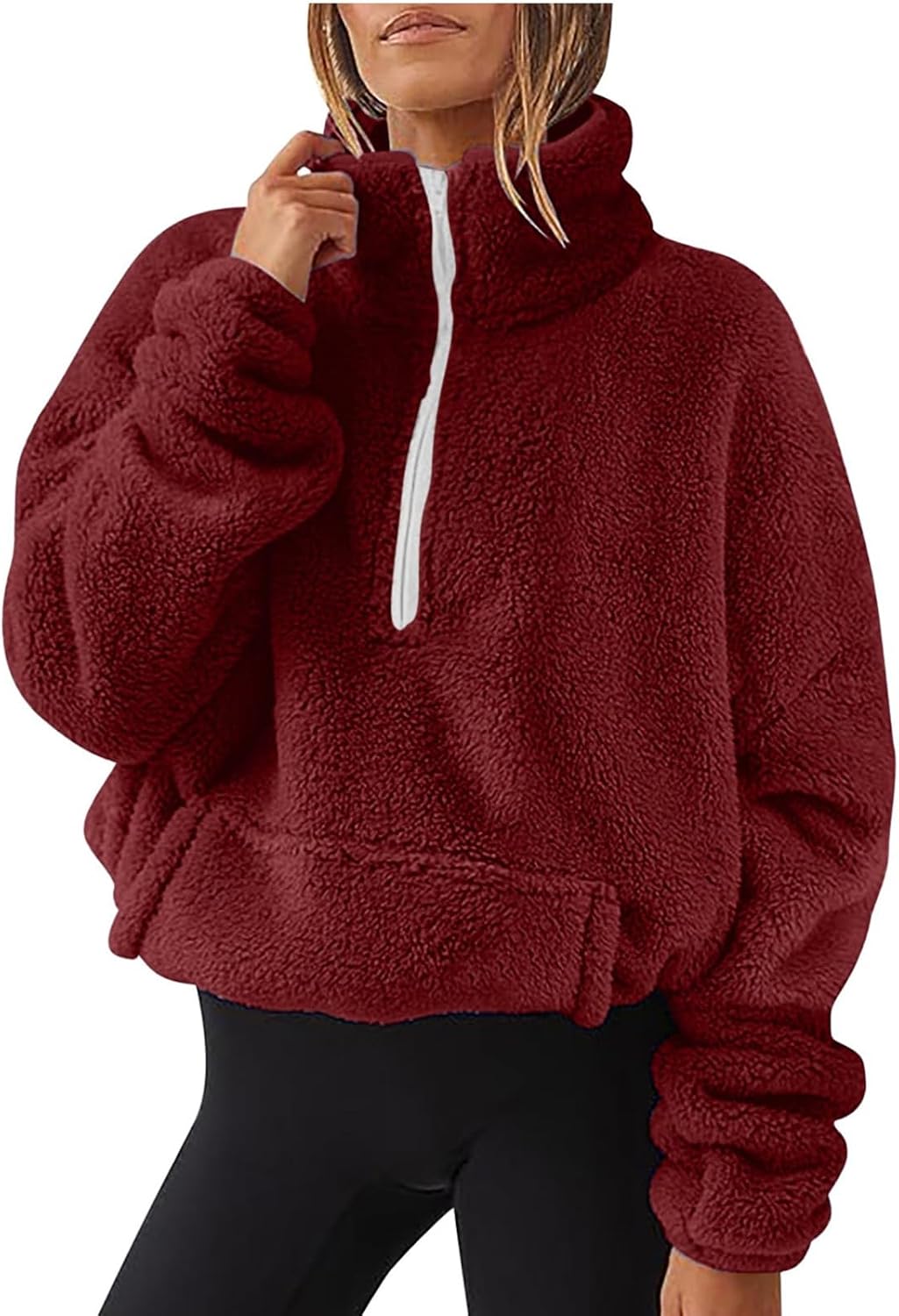 Heevina Sweatshirt For Women Fleece Solid Color 1/4 Zip Pocket Lapel Stand Collar Sweatshirt Fall Trendy Winter