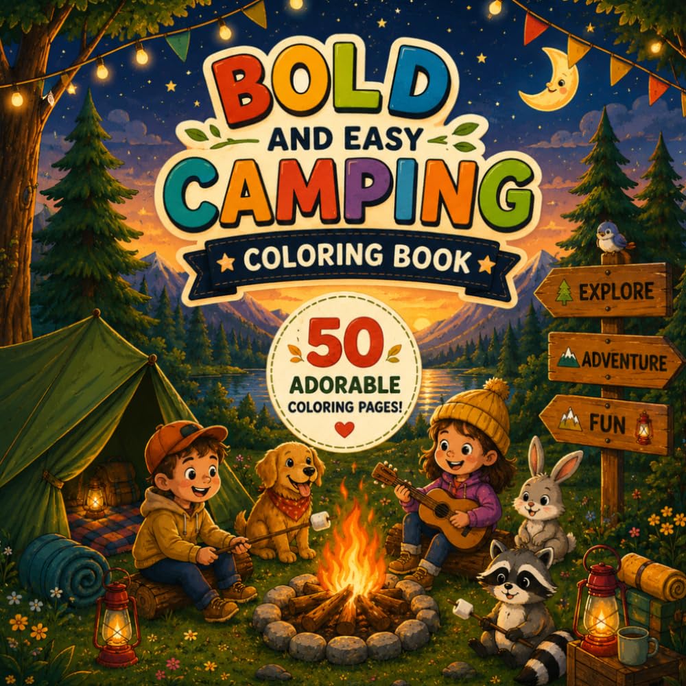 Bold And Easy Camping Coloring Book: 50 Fun and Simple Outdoor Adventure Coloring Pages for Kids Ages 4-8 with Tents, Campfires, Cute Animals, Forests and Nature Scenes