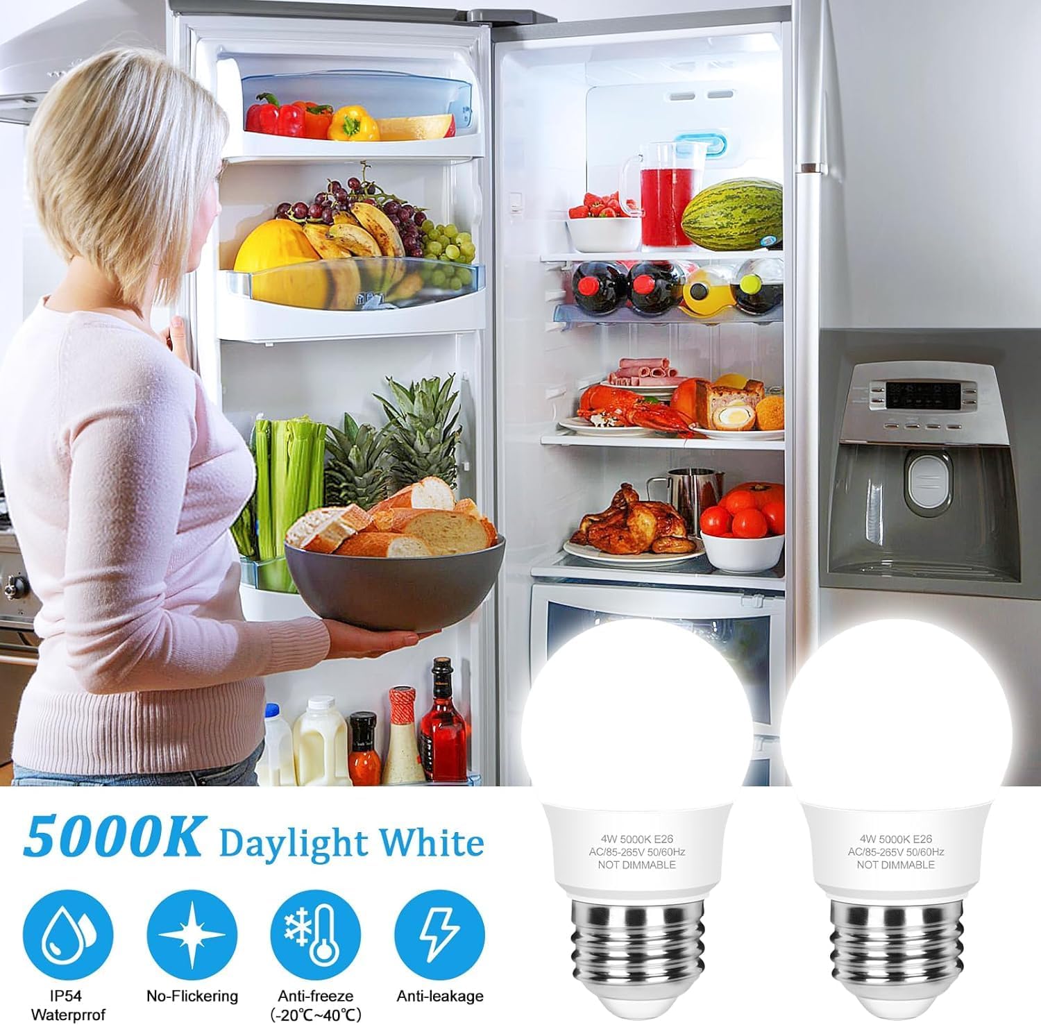 LED Refrigerator Light Bulb 40 Watt Equivalent, 120V Fridge Appliance Light Bulb 4W Daylight White 5000K, Waterproof A15 Fridge Light Bulbs 450LM, E26 Freezer Light Bulbs Non-dimmable, 2Packs 5000k Daylight White 2 Count (Pack of 1) image 2 of 6 B0BMDRBPM7