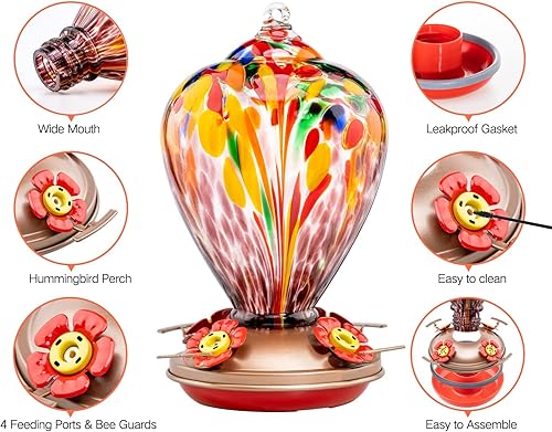 Vista 11 de Muse Garden - Comedero para colibríes para exteriores, vidrio soplado a mano, 34 onzas, foso de hormigas incluido, Comet cometa
