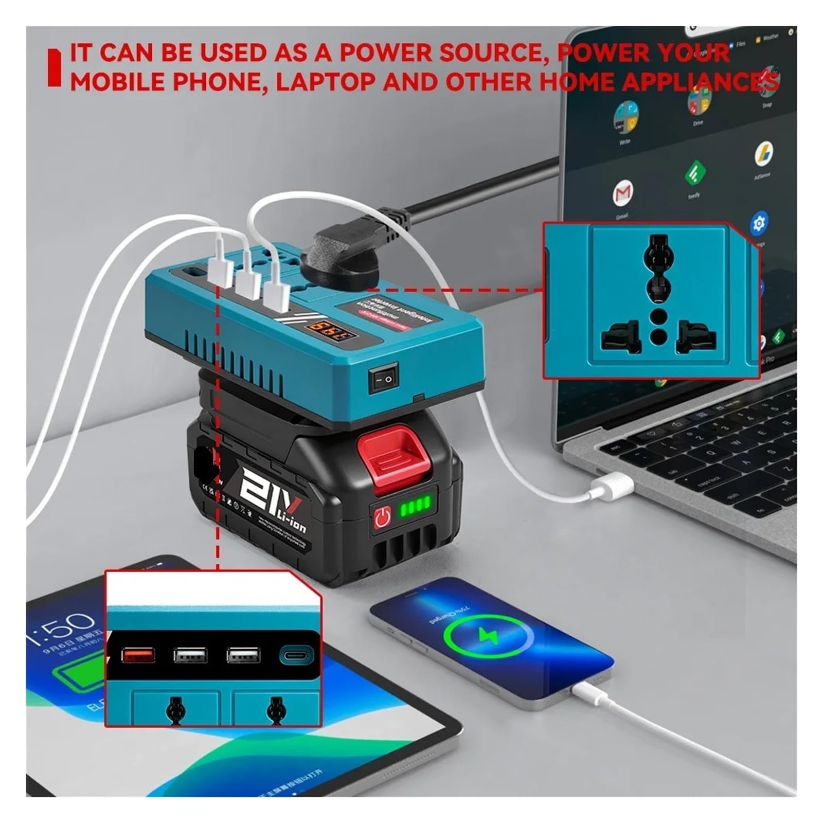 Convertidor Adaptador Inversor Corriente 300W DC 18V-21V A AC 220V Batería Litio Puerto Carga USB Dual para 18V Pin inversor