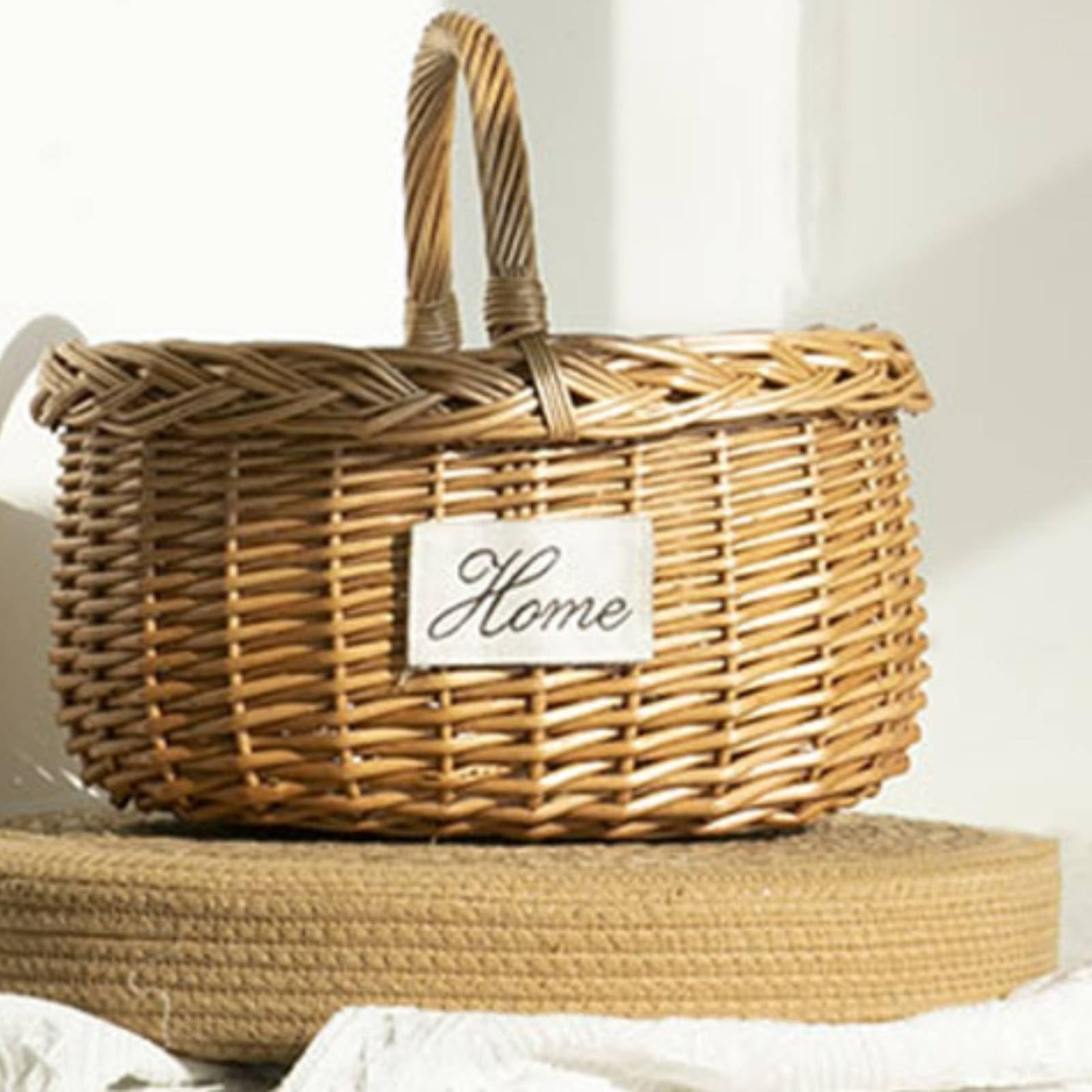 Cestino da Picnic Intrecciato Cesto Intrecciato Cestino Portaoggetti Cesto con Manico Cesto Decorativo Artigianale con Manico Finitura Naturale, Grande