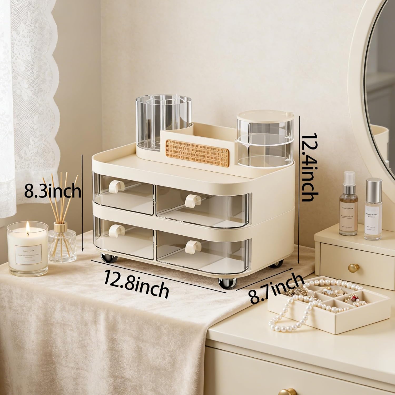 Large Makeup Organizer for Vanity, 3-Tier Dustproof Cosmetic Storage with Drawers & Brush Holder, Skincare Organizer for Bottles, Creams, Lipsticks & Palettes