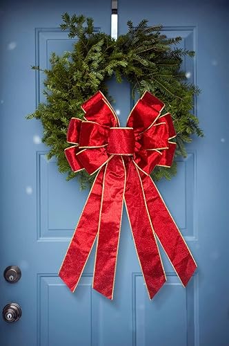 Miniatura 4 de Lazo grande de San Valentín para corona, lazos de terciopelo rojo para decoración de valla de pared de puerta delantera, borde dorado, corona de