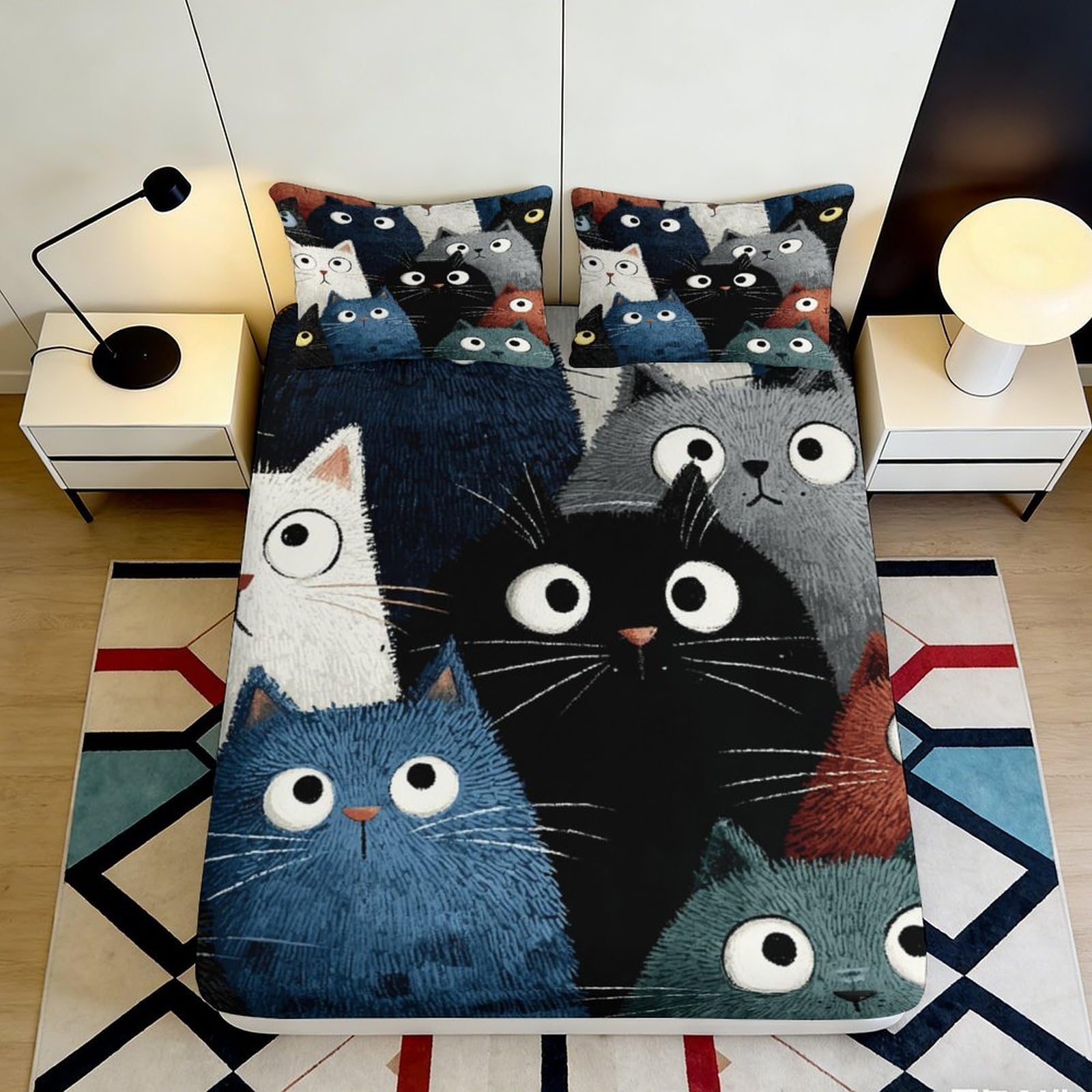 Uynsixtme Style-7 3D Printed Cartoon Cat Fitted Sheet Microfiber Deep Pocket Bedroom Bedding Cartoon Cat Mattress Fitted Cover Full Wrap Non-Slip Home Use 90X200x25cm