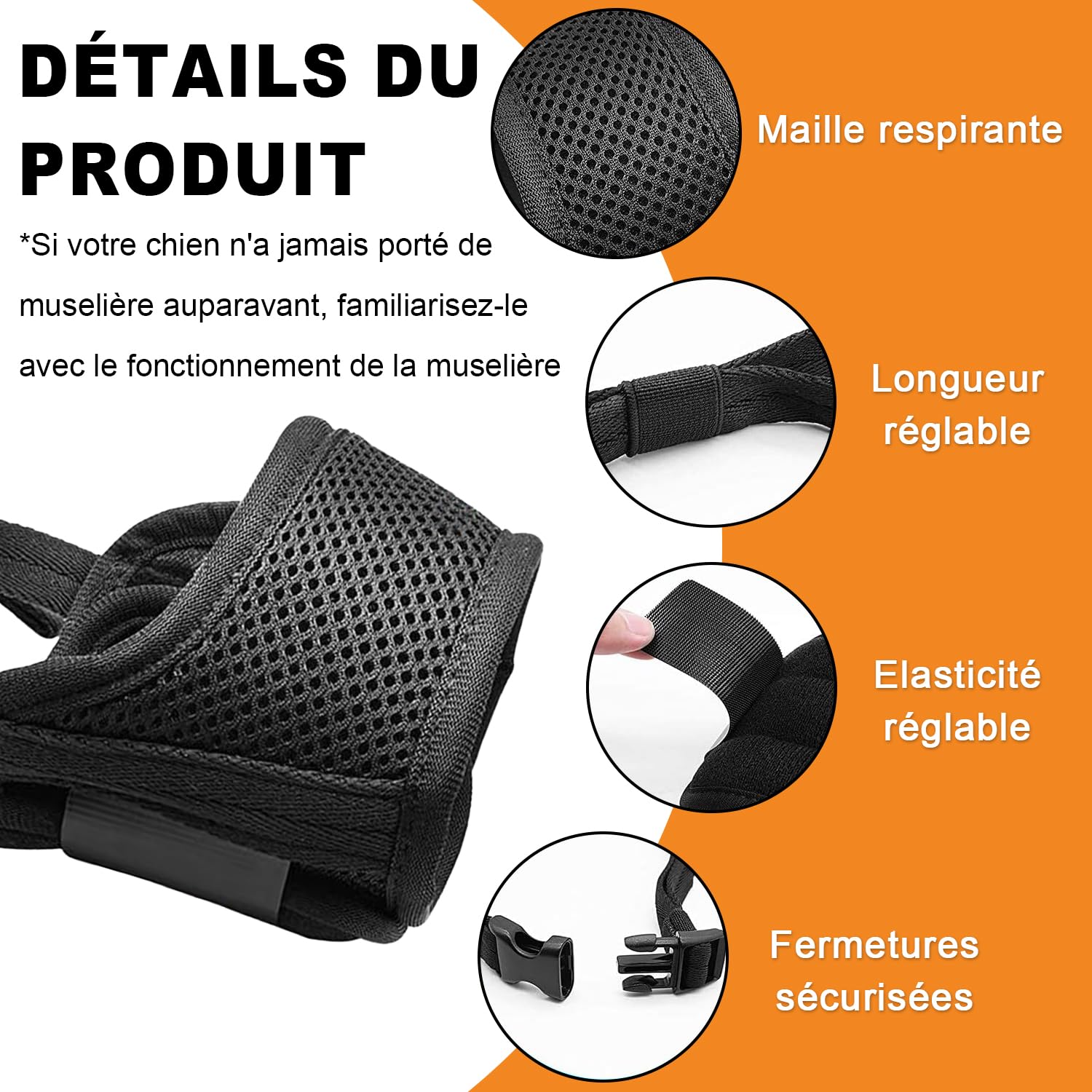 LATRAT Museliere pour Chiens, Muselière en Nylon Réglable, Souple Boucle Maille Tissu, Respirante, empêche de Manger, de Mordre et de AboieMent, Noir L