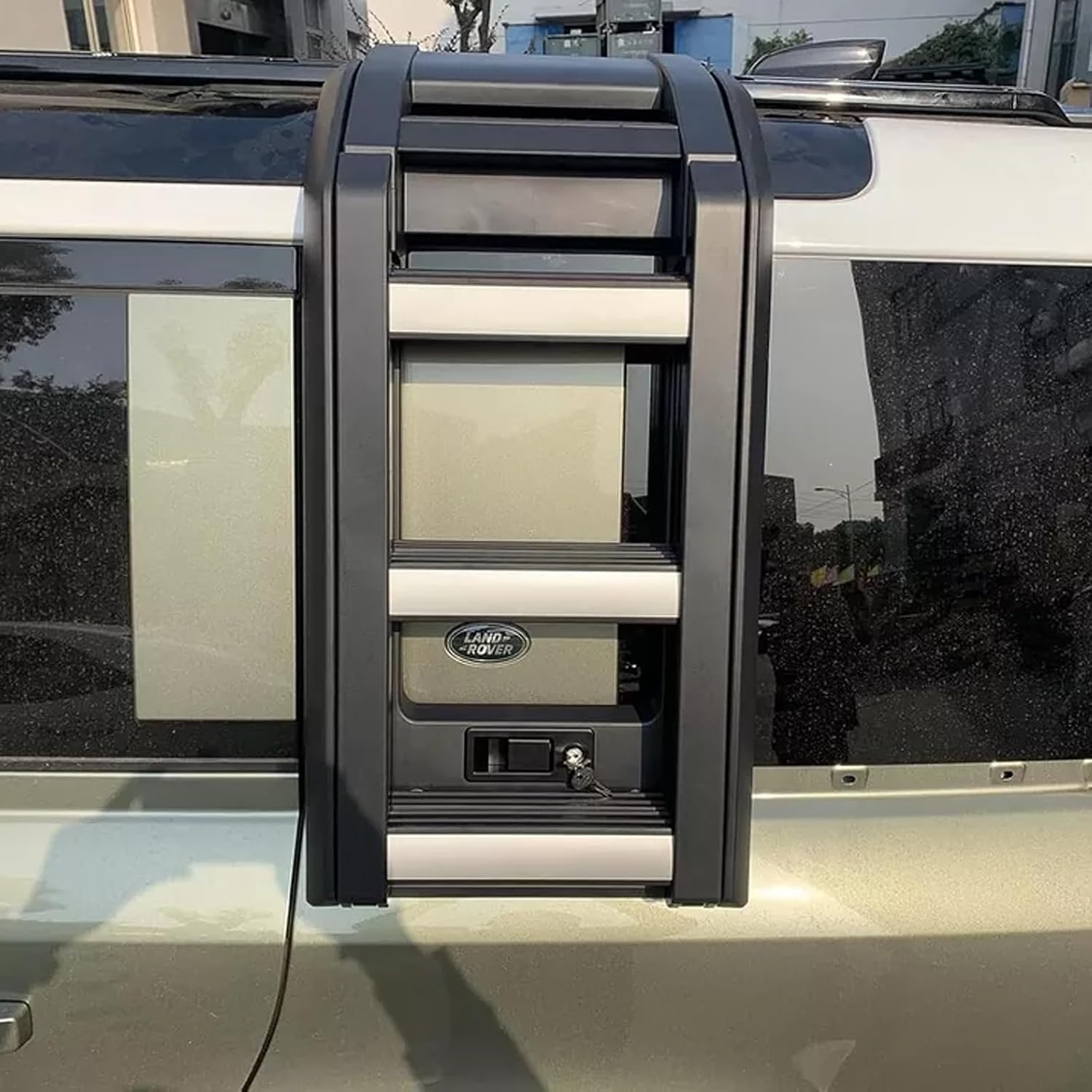 Foldable Liftable Ladder Protective Frame Fit for LR Defender 90/110/130 2020-2025 Luggage Ladder Rack Side Access Ladder Roof Rack Side Window（Black） (Black Silver)