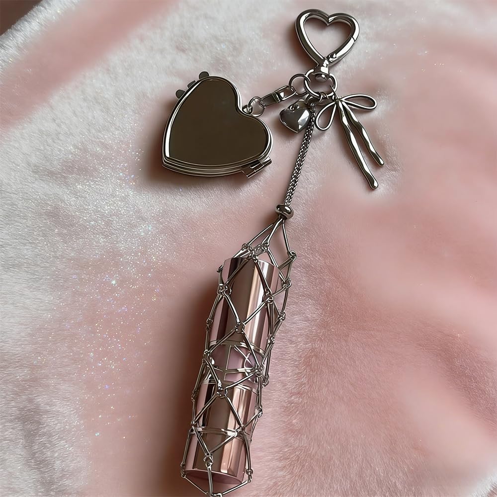 Heart Silver Mesh Pouch Bag Charm - Retractable Chain Lipstick Holder, Stylish Purse Accessory for Daily Looks, Unique Bag Decor (1 Piece)