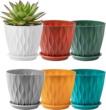 6-Pack 6-Inch Plastic Plant Pots with Saucers | Thickened PP Material, Modern Wave Texture, Enhanced Drainage for Indoor/Outdoor Garden Plants | Multicolor Value Set