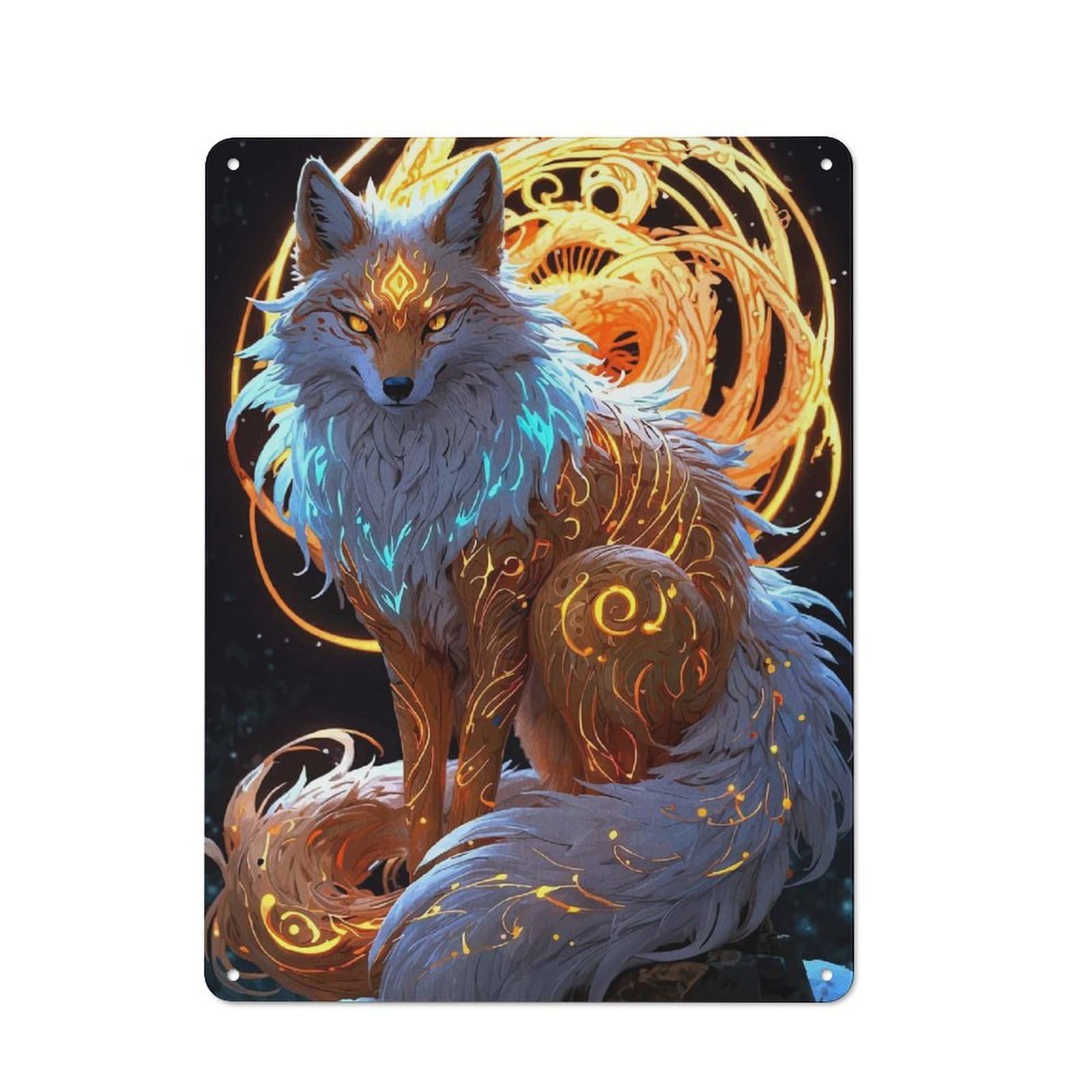 Junmoney Style-7 Mystical Fox With Glowing Ornaments Vintage Metal Wall Sign 40X30cm For Garage Wall, Suited To Garage Decor Collectors