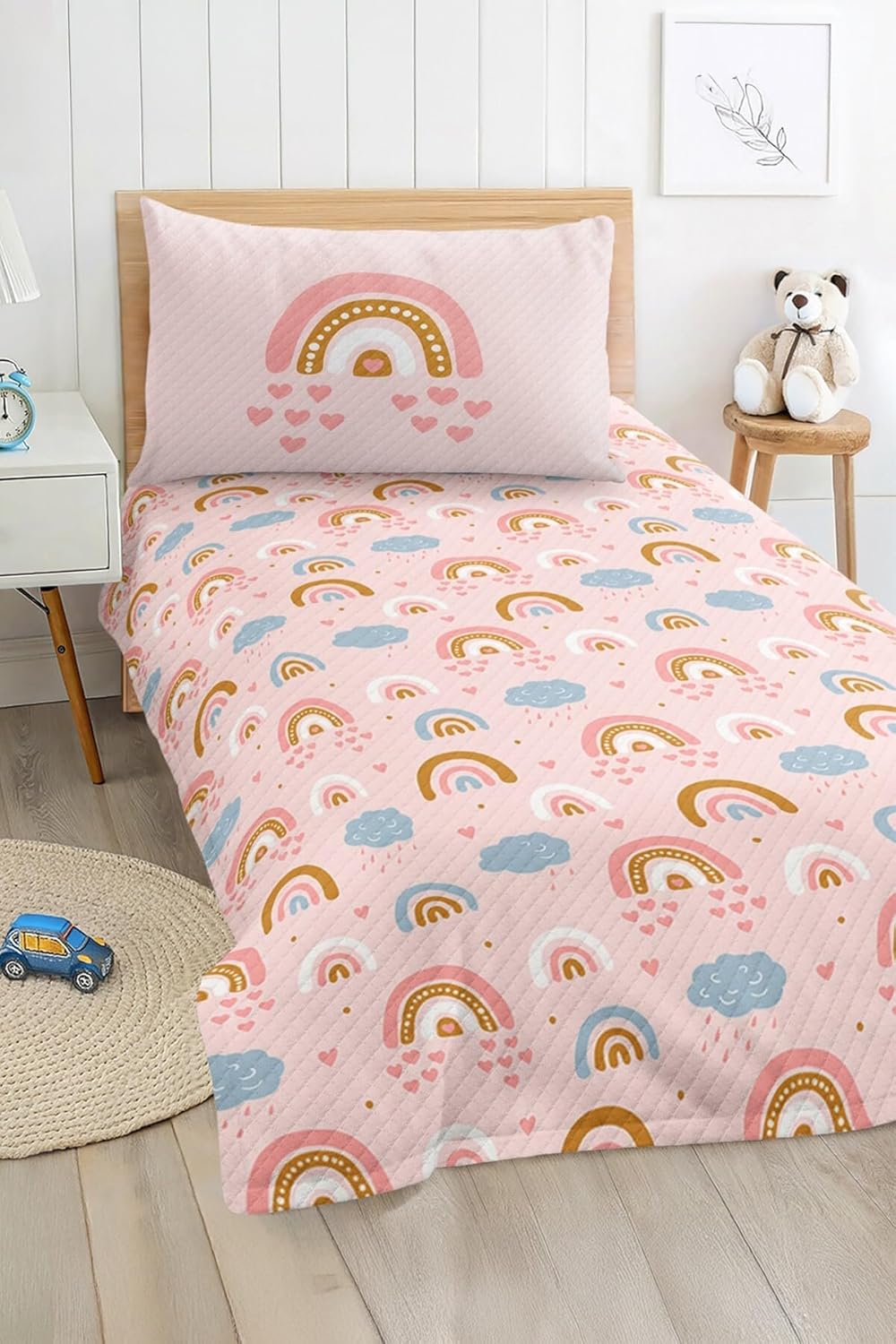 SODEF Bedding Set Twin Size Sky and Rainbow Pattern Pastel Pink Kids Quilt Set, Includes 1 Quilt Cover and 1 Pillowcase, Multicolor - Multicolor, One Size