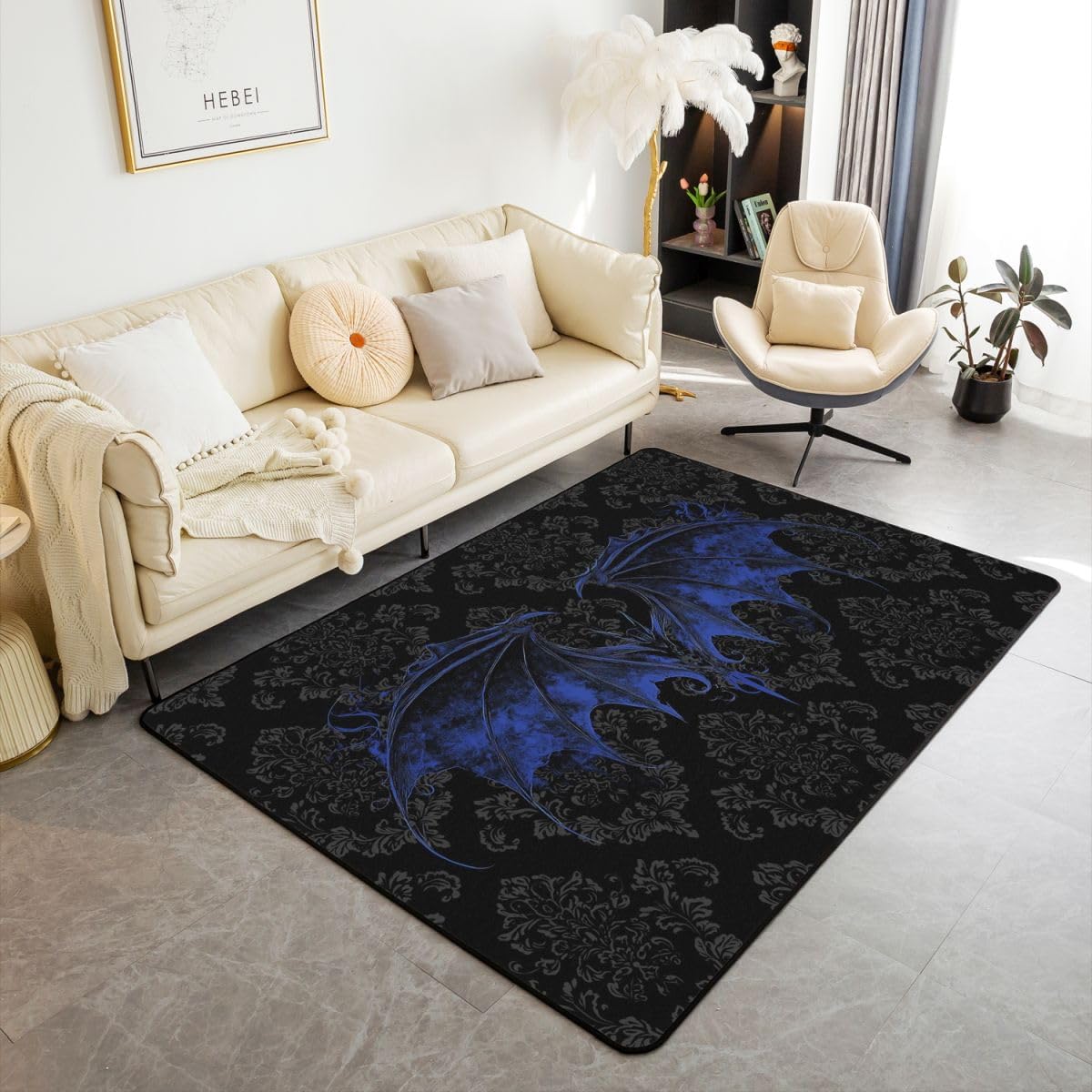 Erosebridal Gothic Area Rug 3x5 Boho Damask Bat Living Room Rug Non Slip Black Grey Blue Goth Carpet for Bedroom Kitchen Vintage Victorian Floral Indoor Floor Mat Non Slip