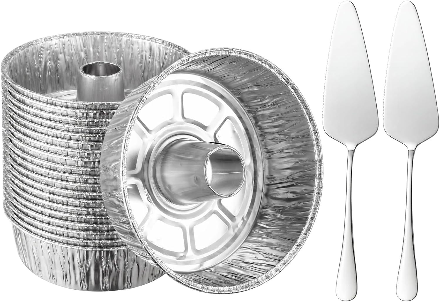 Zhehao 22 Pcs Reusable Aluminum Foil Angel Cake Tube Pan 7.8" x 7.8" x 2.4" Food Cakes Pan with 2 Stainless Steel Cake Pie Server Spatula for Baking Pound Cakes Chiffon Bakeries Hotel Restaurant Party