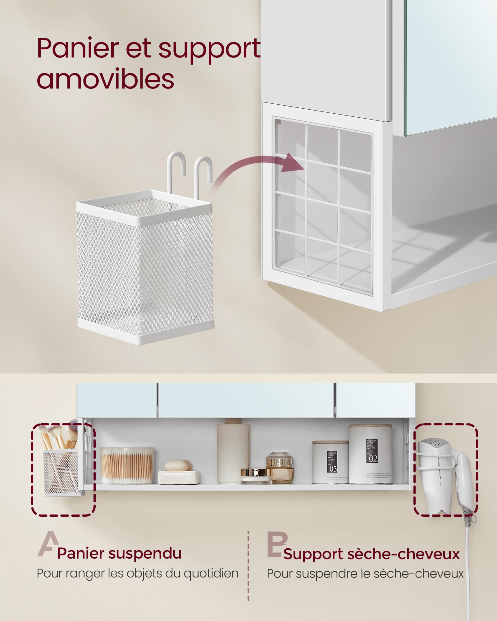 VASAGLE Meuble de Salle de Bain avec Éclairage LED, 16,5 x 70 x 75 cm, Multiprise, Panier Suspendu, Support pour Sèche-Cheveux, pour Salle de Bain, Lavabo, Blanc Nuage BBK126W01