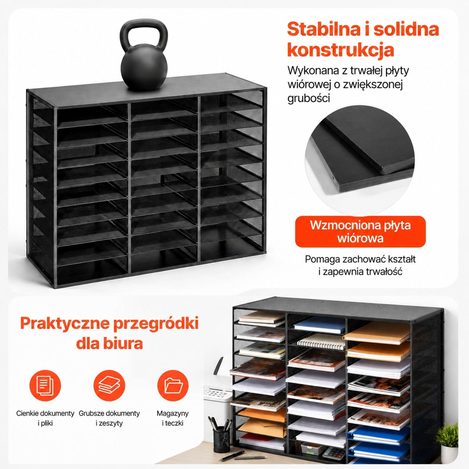 Metalowa taca na dokumenty z 27 przegrodami, wyjmowana siatka druciana, czarna, do biura, domu i klasy
