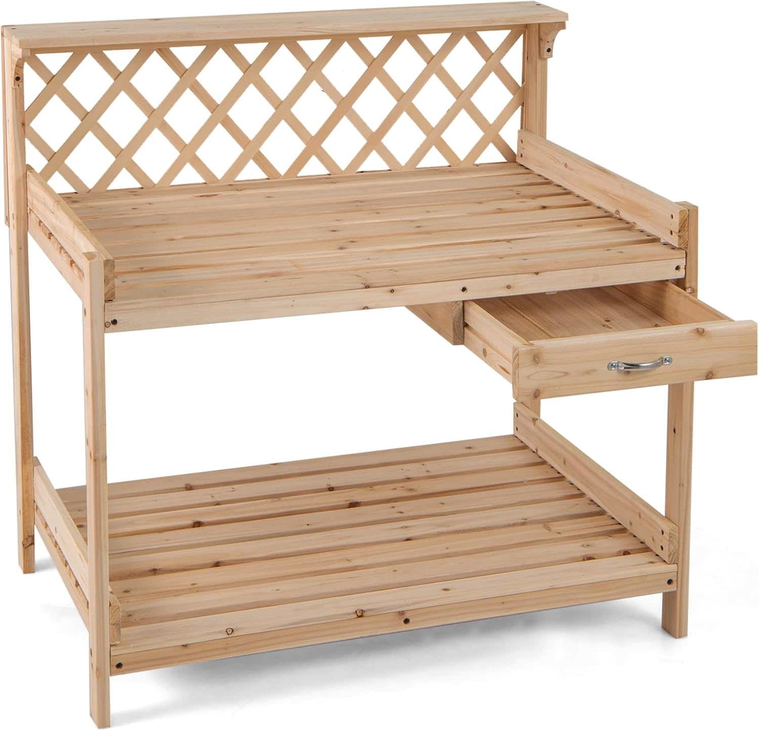TANGZON Garden Potting Table, Solid Fir Wood Planting Workstation with Versatile trellis, Drawer, Raised Edge, Top & Lower Shelf, Wooden Flower Potting Bench for Backyard Balcony Lawn