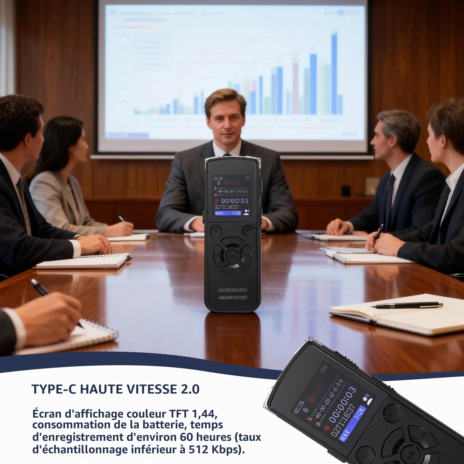 Dictaphone Numérique 64 Go, Enregistreur Vocal USB-C, Réduction du Bruit, 512Kbps, Lecture Intégrée, Enregistreur Audio Portable pour Réunions, Cours, Interviews, Conférences, Lecteur MP3