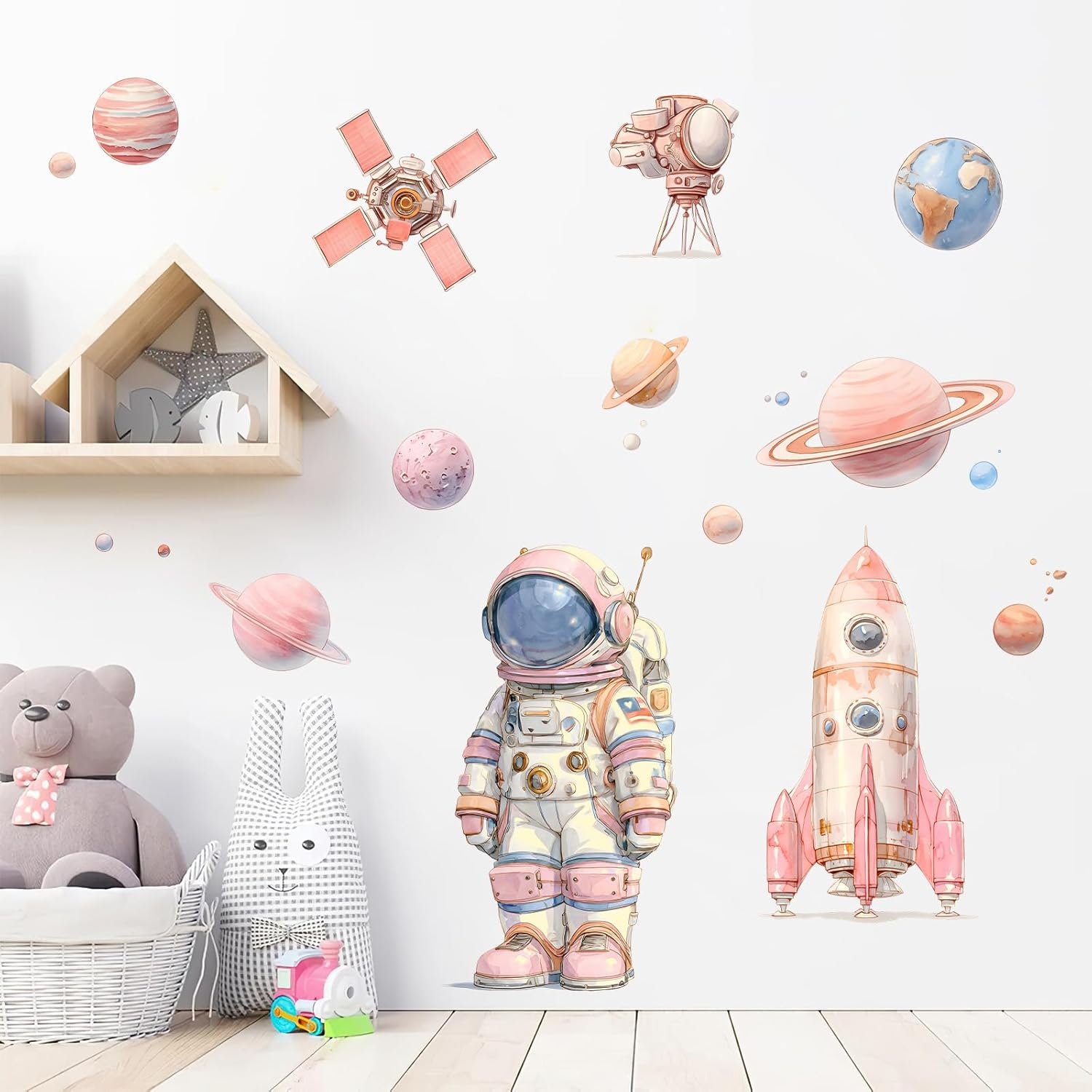 Pink Space Astronaut Wall Decals Removable Cartoon Vinyl Stickers for Nursery Girls Room and Playroom Decor Peel and Stick Galaxy Theme Wall Art