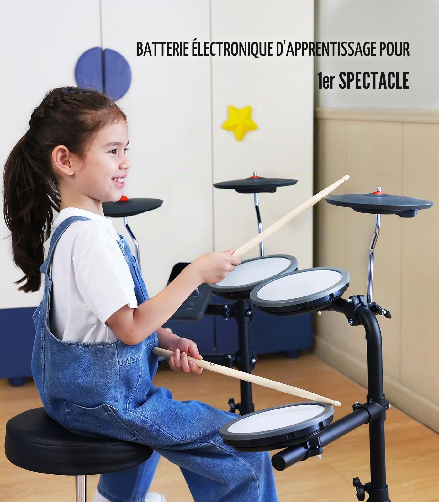 MK-0 Batterie Electronique avec Pads en Maille 7", Cymbales 8", 12 Kits, 68 Sons, USB MIDI, Siège, Baguettes, Casque et 2 Pédales, Convient aux Débutants et aux Enfants