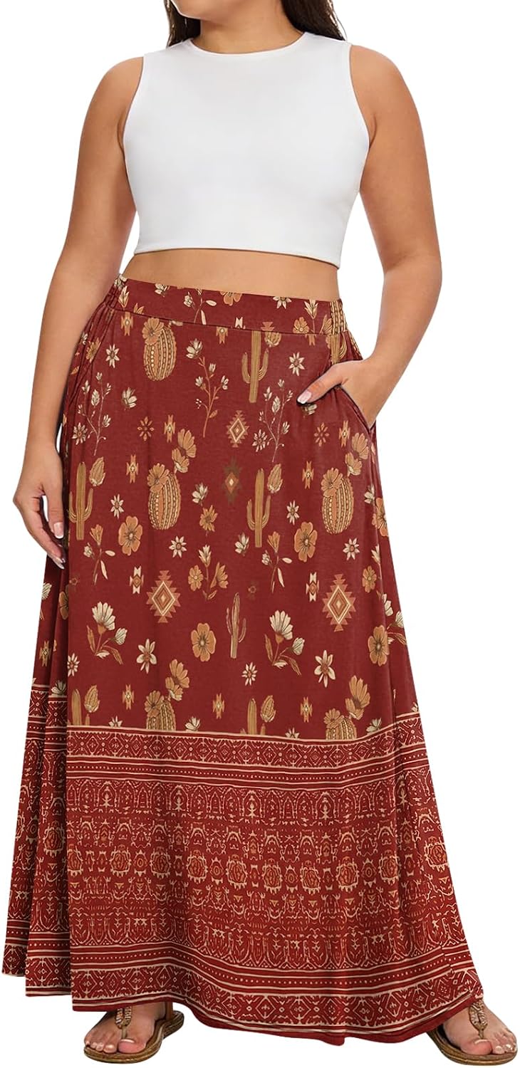 Yincro Womens Plus Size Maxi Skirt Elastic High Waisted Casual A-line Flowy Long Skirts with Pockets