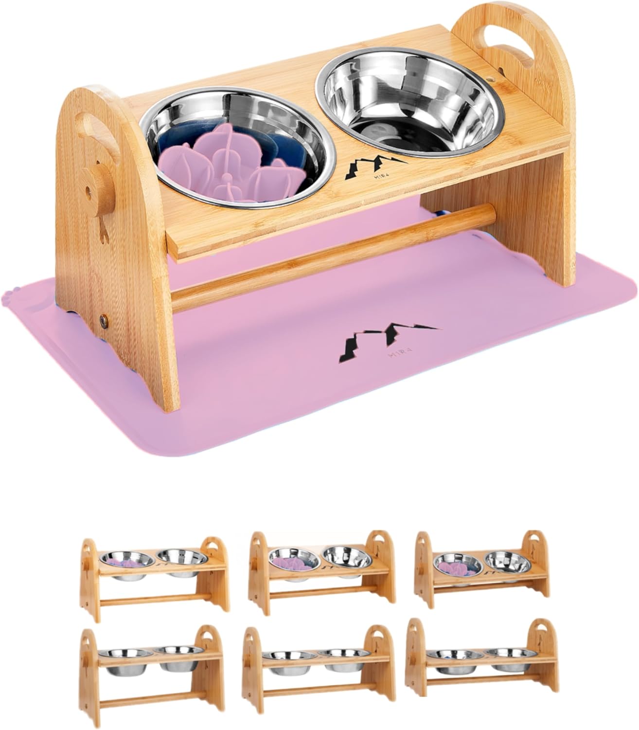 M1R4 Pink Elevated Dog Bowls Set, Adjustable Raised Dog Food Bowl Stand, 2 Stainless Steel Bowls, Silicone Waterproof Mat, Suction Slow Feeder, Durable Bamboo Stand, for Small/Medium Dogs and Cats