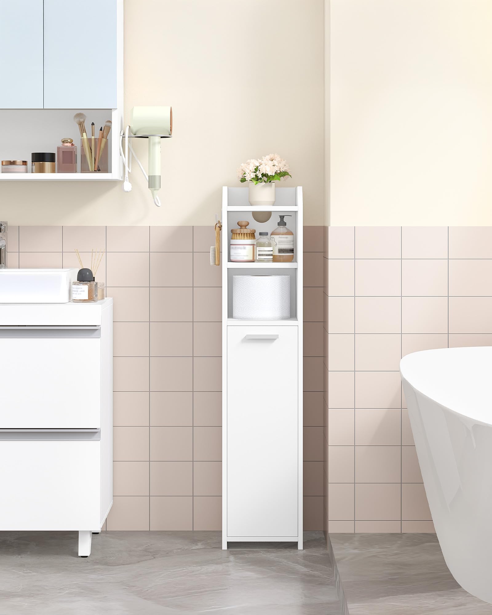 Hzuaneri Mueble de Baño, Armarios Baño Estrecho con Gancho, Estantes Ajustables, Espacio de Almacenamiento Abierto, para Espacios Reducidos, Salones y Rincones, 20 x 20 x 90 cm, Blanco BC22903X
