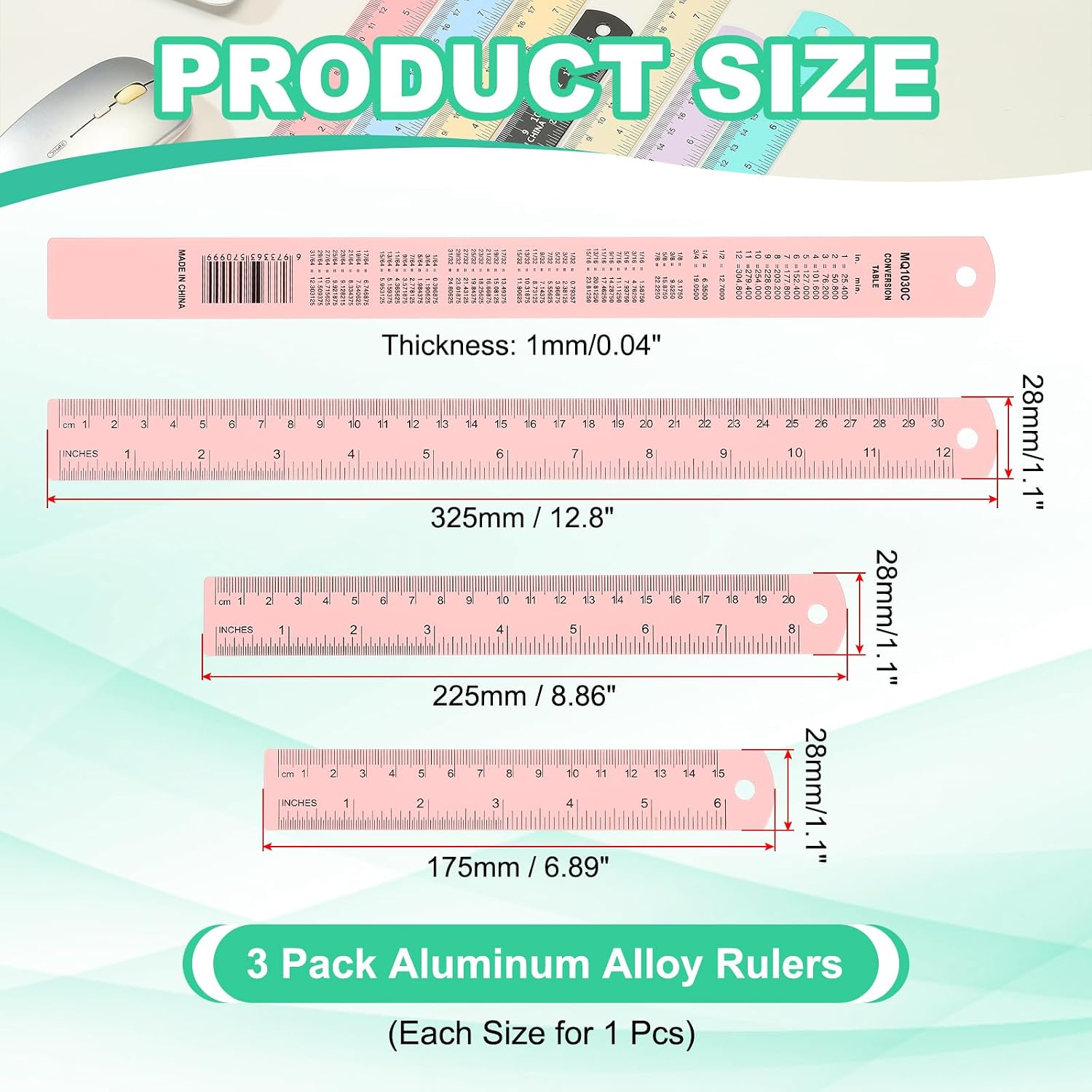 PATIKIL 15cm/20cm/30cm Metal Ruler, 3 Pack Aluminum Alloy Rulers with Centimeters, Millimeters, Inches and Conversion Table Straight Edge Ruler for Writing Machinist Drafting, Pink