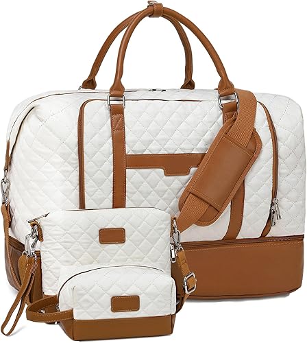 Bolsa de fin de semana, bolsa de viaje grande para mujer, bolsa de mano con compartimento para zapatos y bolsas de aseo, Blanco (White-Brown),